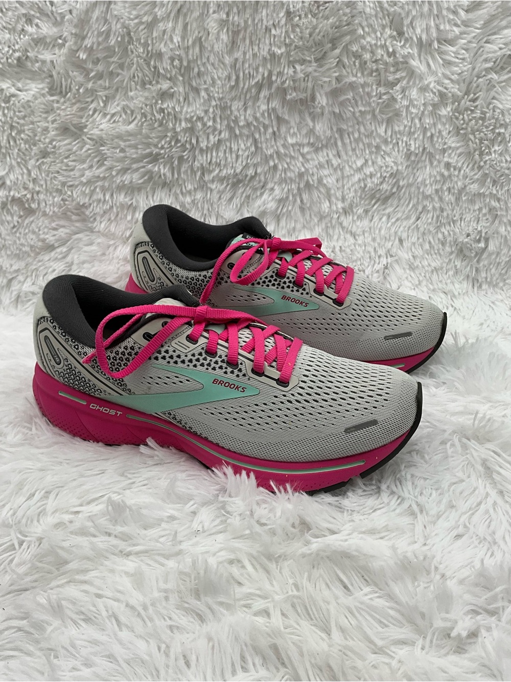 Brooks Ghost 14 Size 9.5 Gray Pink Aqua Woman’s Running Shoes